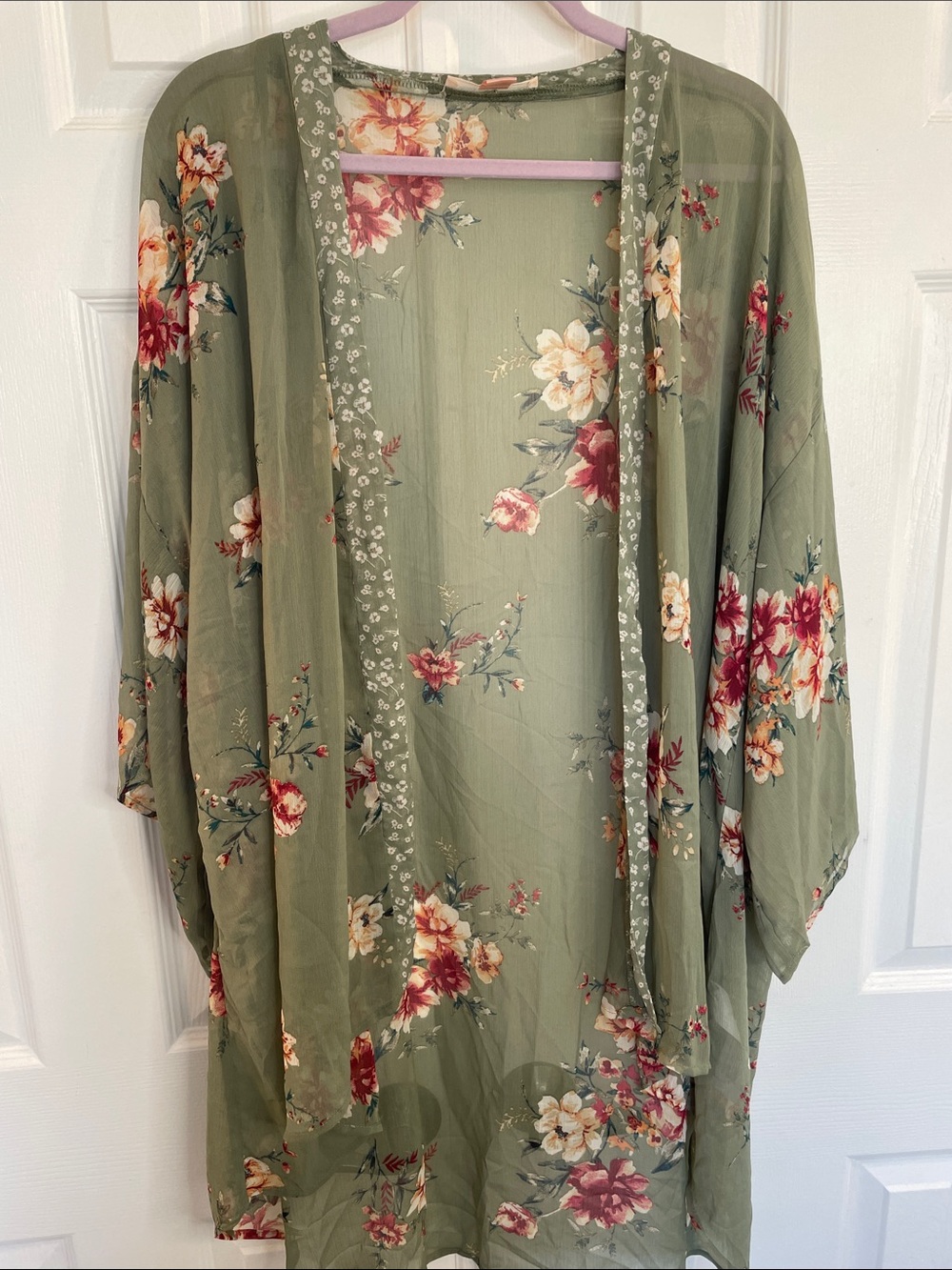 BAND OF GYPSIES OLIVE GREEN OPEN FRONT FLORAL KIMONO DUSTER SWIM COVERUP SZ M/L